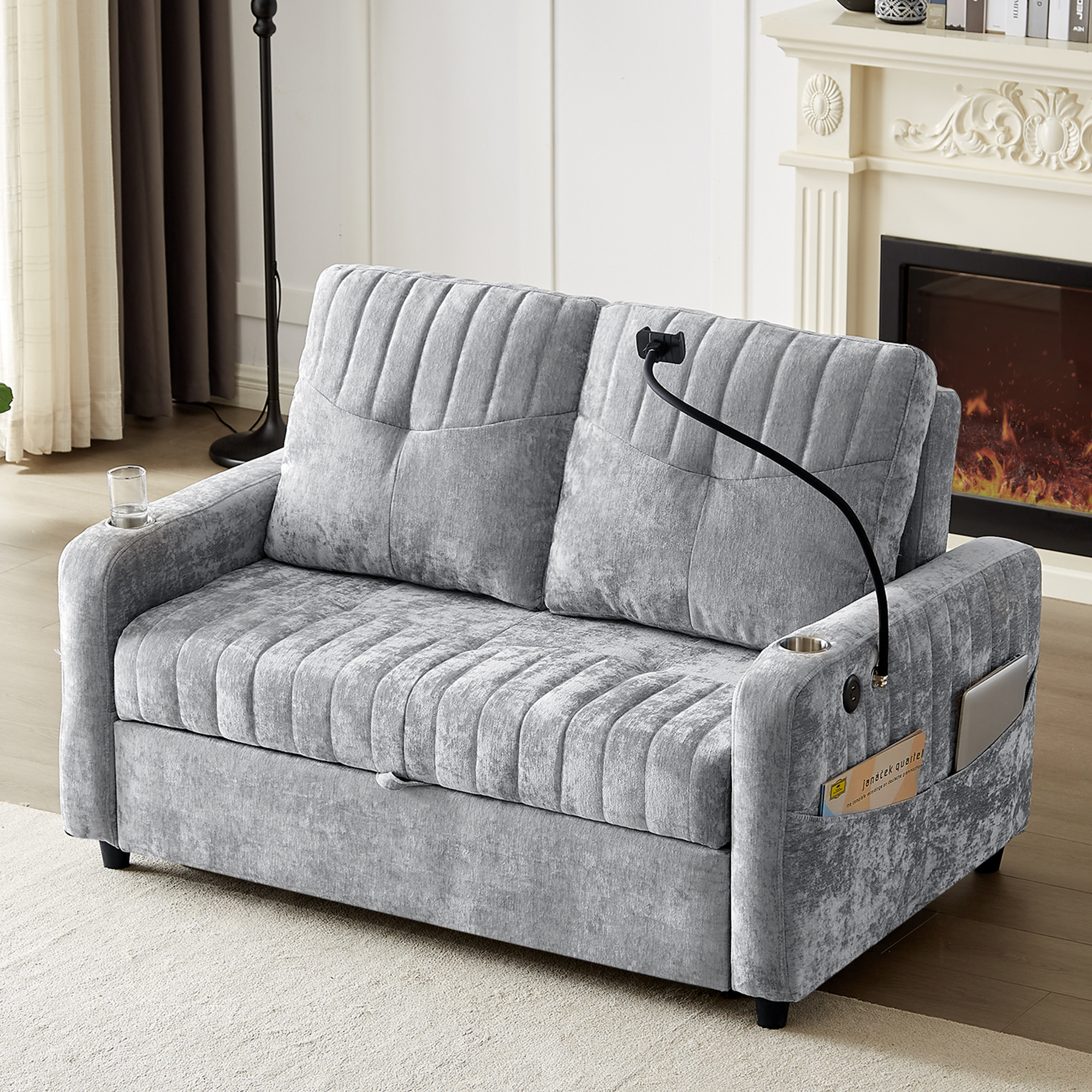 Modern Loveseat Pull-out Sofa Bed with Adjustable Backrest, Cup Holders, Phone Holder, Charging Ports, Side Storage Pockets, Grey Chenille - Grand Goldman Shop