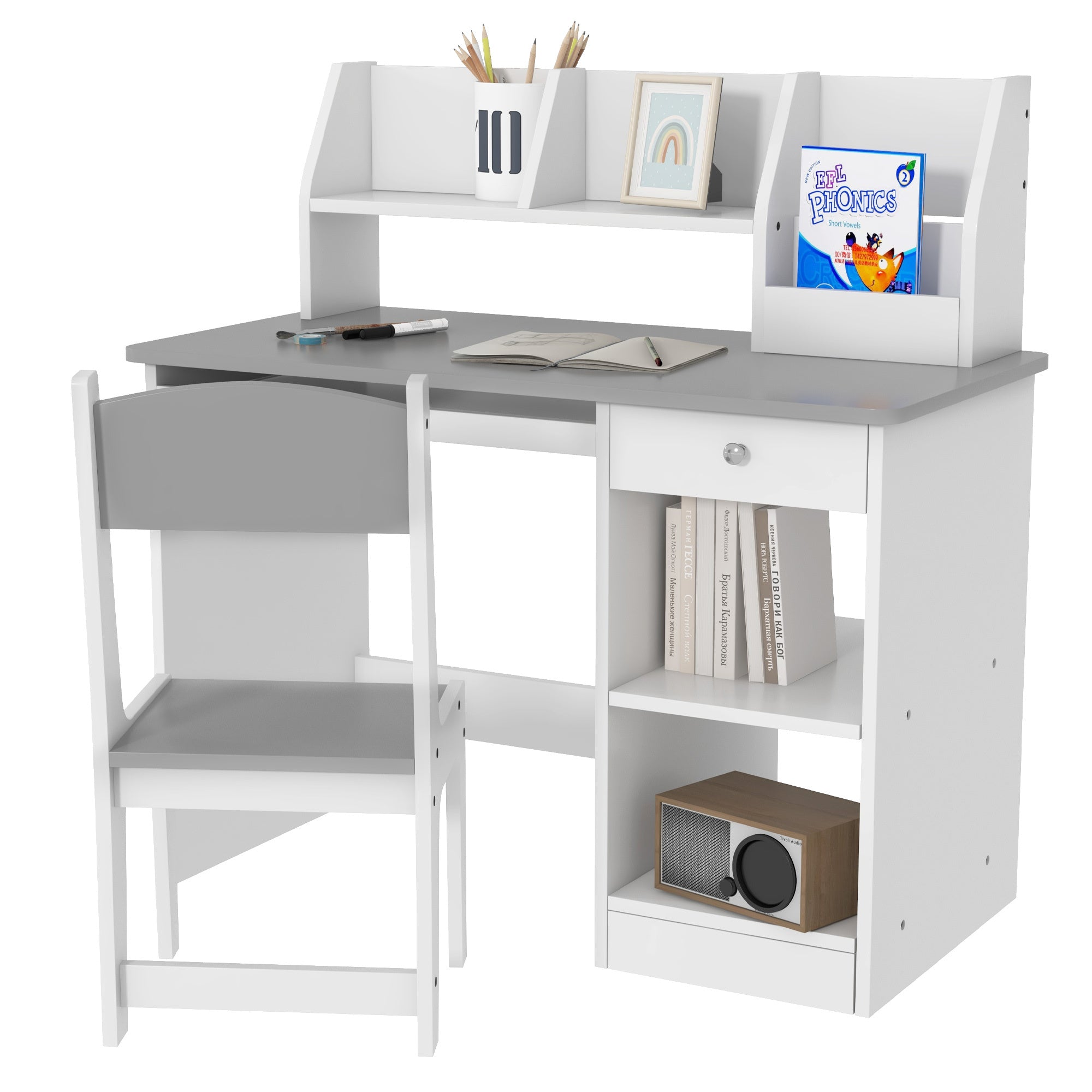 Qaba Kids Desk and Chair Set with Storage, Study Desk with Chair for Children 5-8 Years Old, Gray - Grand Goldman