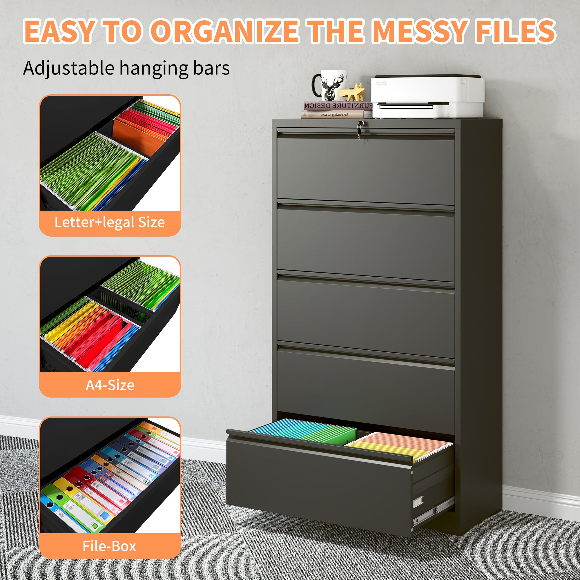5 Drawer Metal Lateral File Cabinet , Black Filing Cabinet with Lock, Lockable File Cabinet for Home Office, Locking Metal Fi