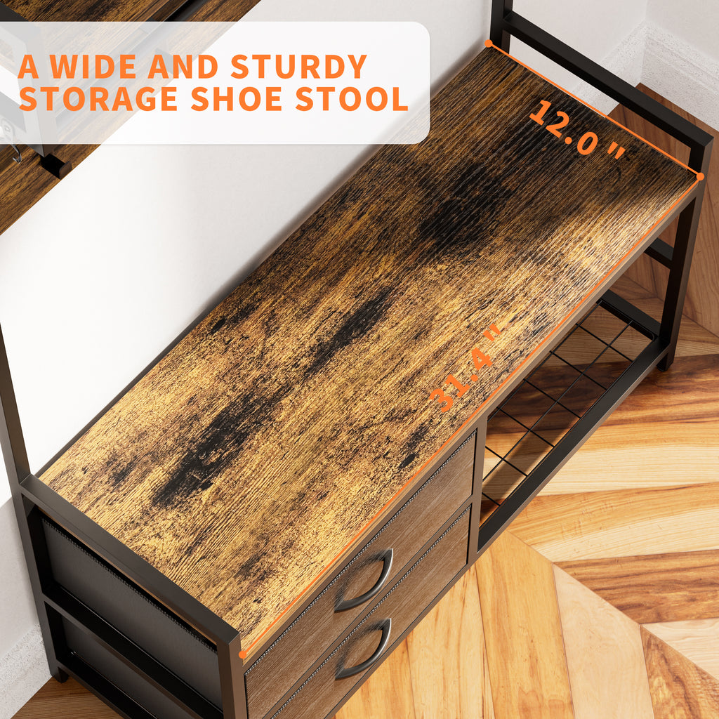 Rustic Brown 33.1' Wide Hall Tree with 2 Movable Drawers, Shoe Storage, Shelves, Garment Racks, and 23 Hooks for Entryway or Corner - Grand Goldman Shop