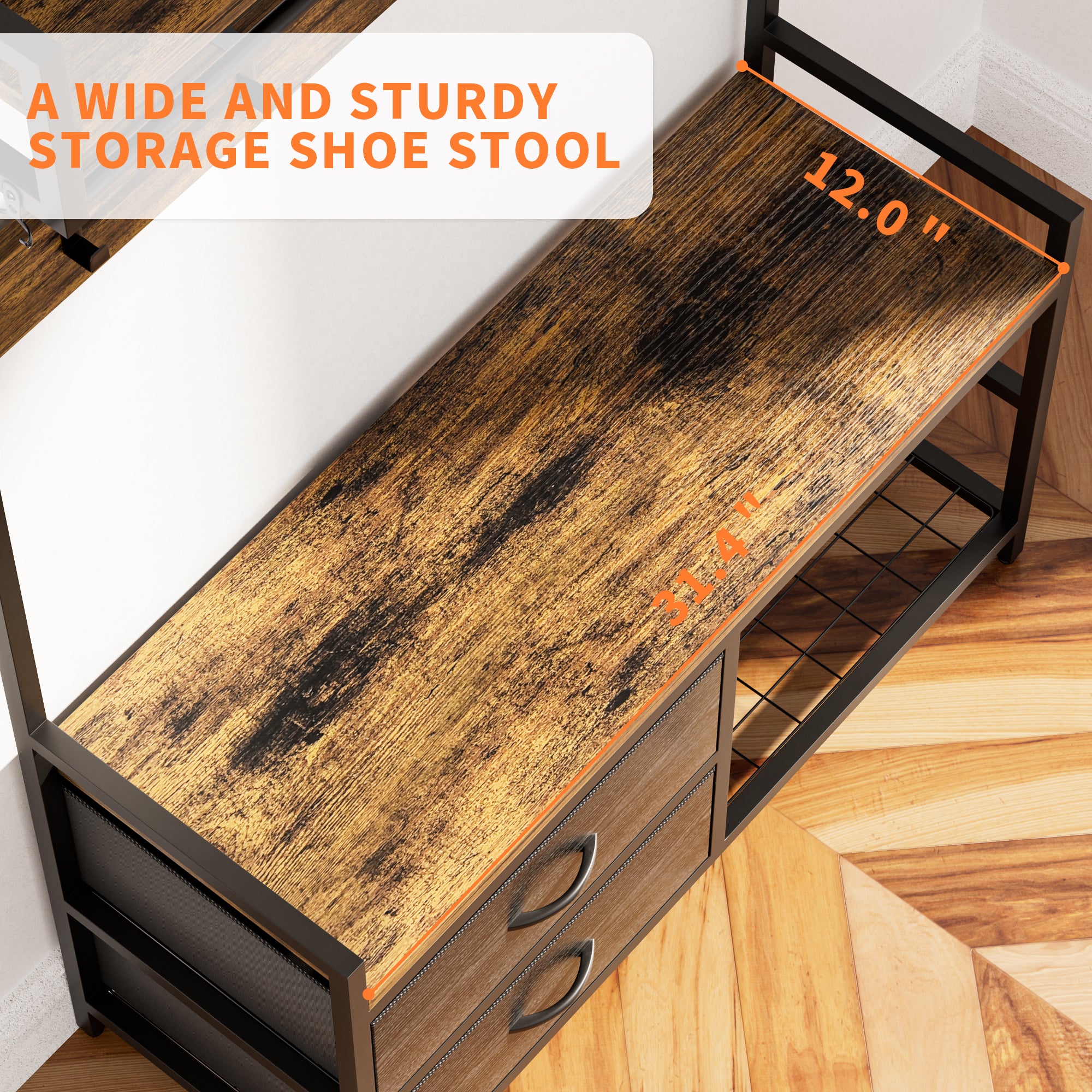 Rustic Brown 33.1' Wide Hall Tree with 2 Movable Drawers, Shoe Storage, Shelves, Garment Racks, and 23 Hooks for Entryway or Corner - Grand Goldman Shop