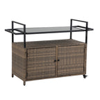 Outdoor Wicker Bar Cart, Patio Wine Serving Cart w/Wheels , Rolling Rattan Beverage Bar Counter Table w/Glass Top for Porch Backyard Garden Poolside Party, Light brown - Grand Goldman Shop