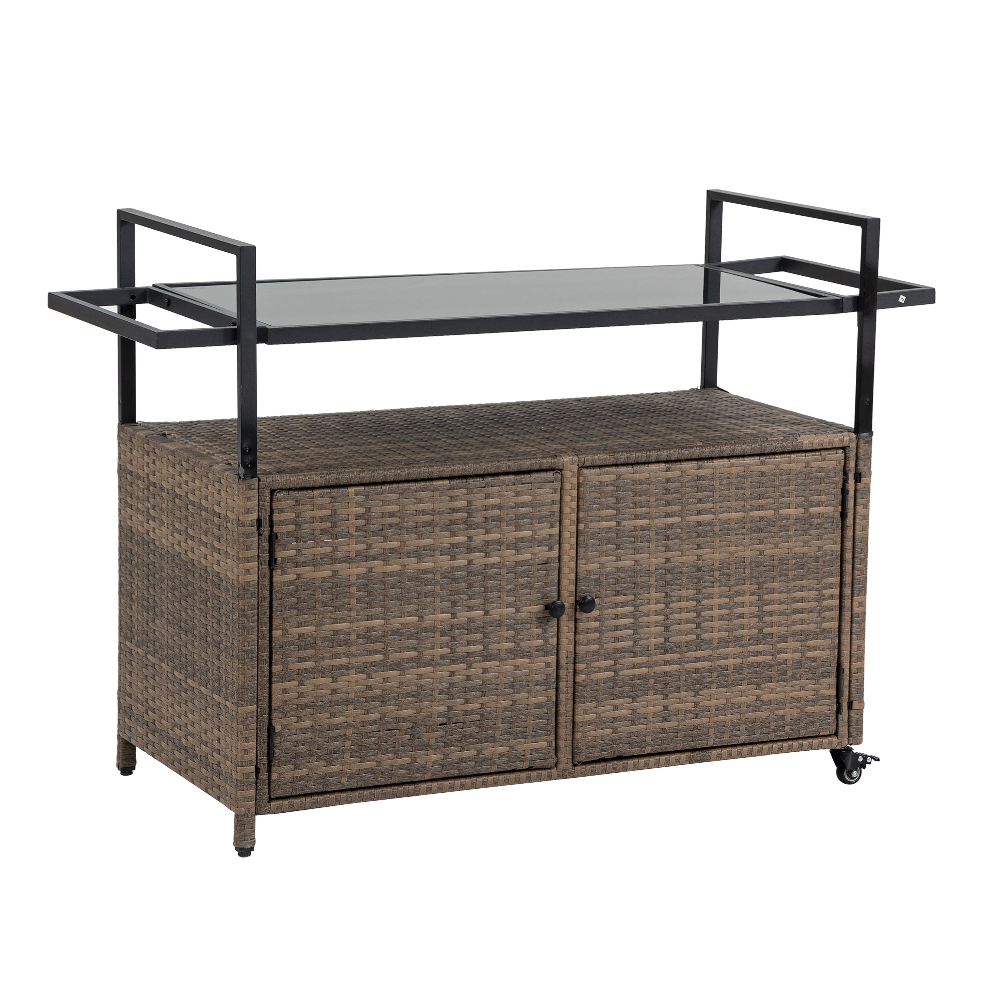 Outdoor Wicker Bar Cart, Patio Wine Serving Cart w/Wheels , Rolling Rattan Beverage Bar Counter Table w/Glass Top for Porch Backyard Garden Poolside Party, Light brown - Grand Goldman Shop