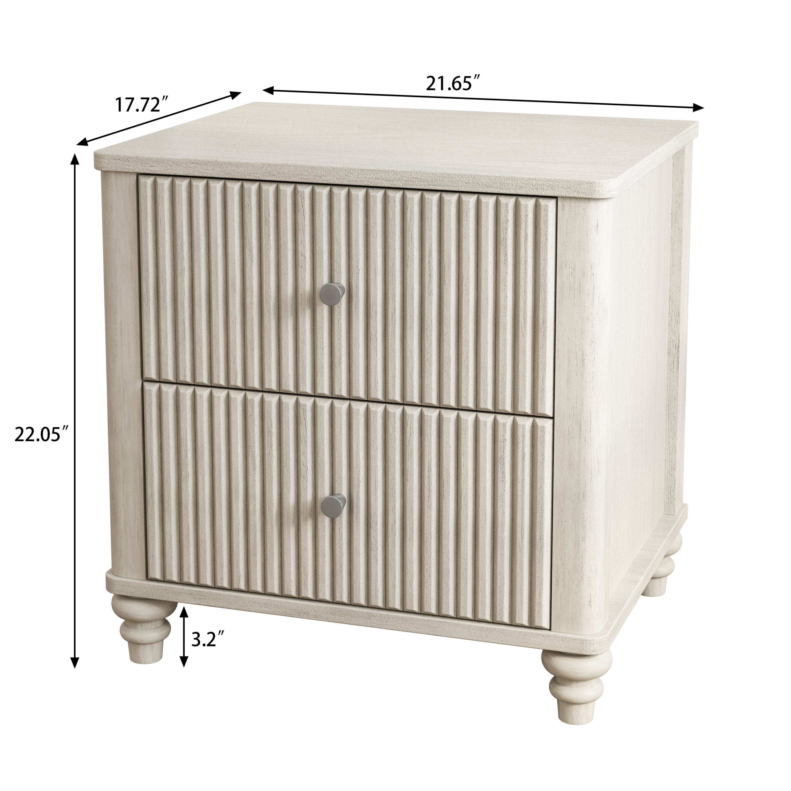 Fluted Nightstand, 21.65' Wide Side Table with 3 Drawers, Mid Century Modern Wood NightStand with Metal Handle, Wooden Bedside End Table for Bedroom, Living Room, Closet, Beige - Grand Goldman Shop