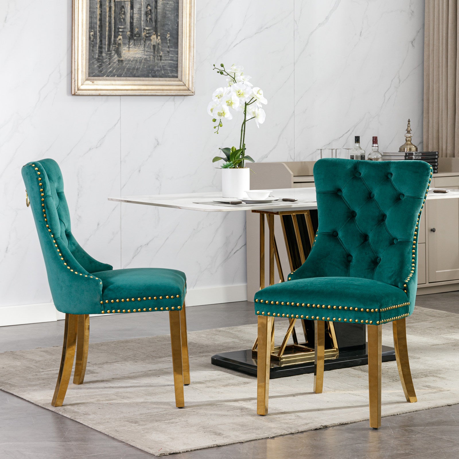 A&A Furniture,Nikki Collection Modern, High-end Tufted Solid Wood Contemporary Velvet Upholstered Dining Chair with Golden Stainless Steel Plating Legs,Nailhead Trim,Set of 2，Black and Gold, SW1601GN - Grand Goldman Shop