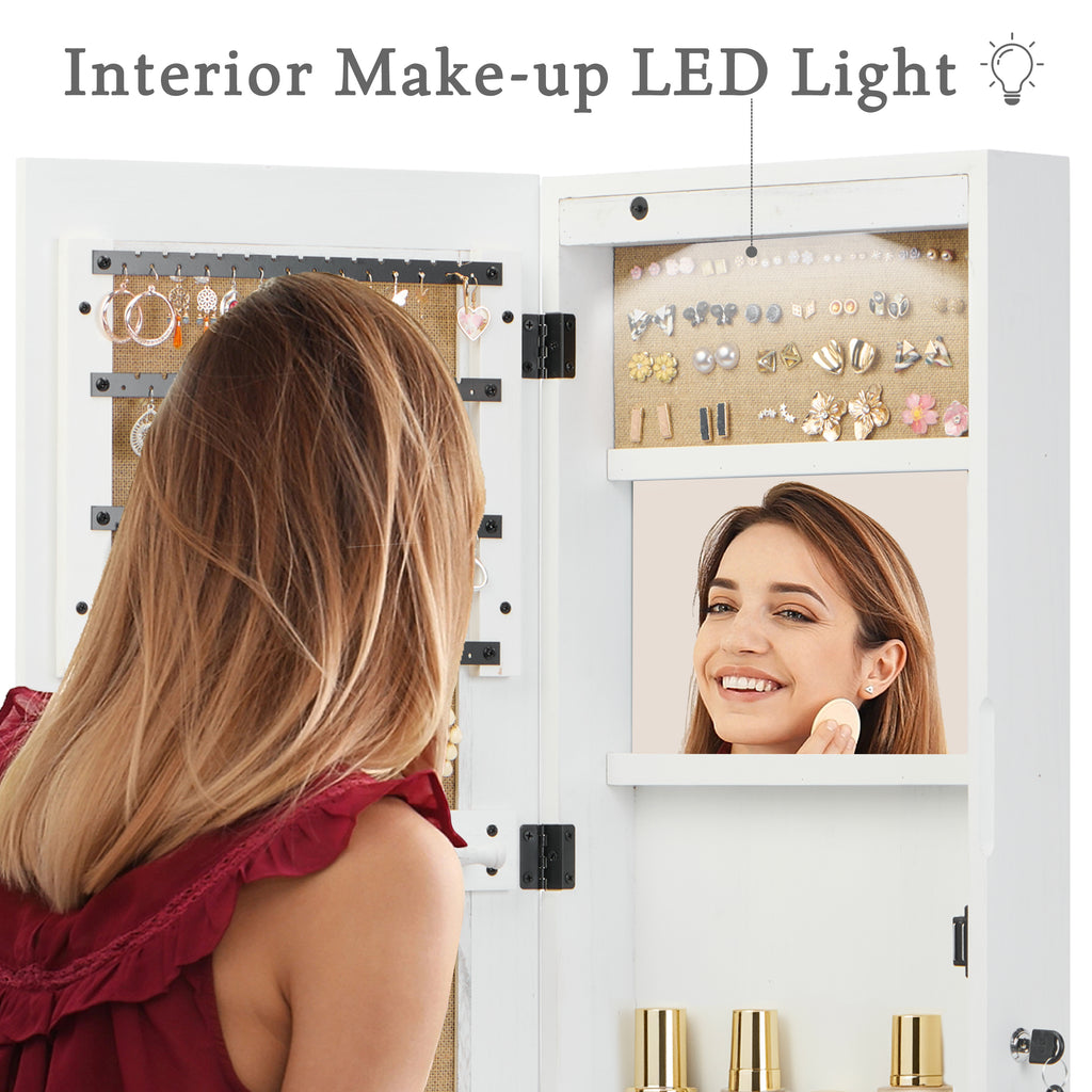 White Solid Wood Jewelry Armoire Organizer with Full-Length Mirror, Wall-Mounted Lockable Cabinet with LED Light, 47.5x14.3 in - Grand Goldman Shop