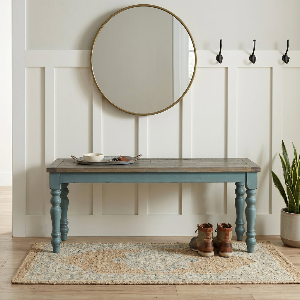 Prato Two-Tone Wood Upholstered Dining Bench, Antique Brown and Distressed Blue - Grand Goldman Shop