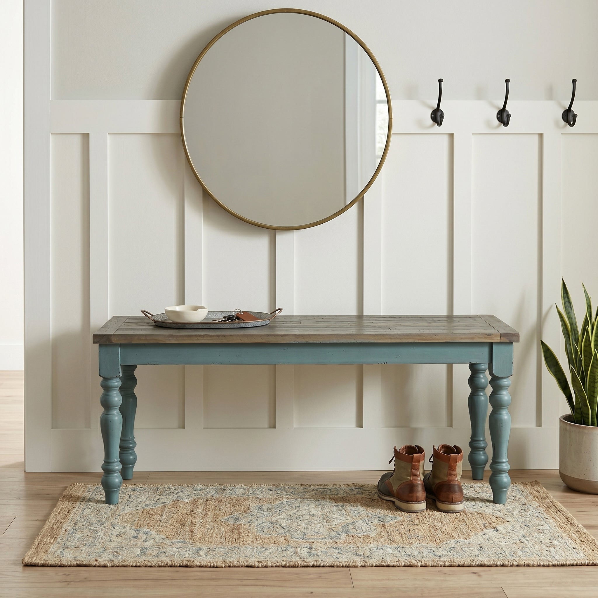 Prato Two-Tone Wood Upholstered Dining Bench, Antique Brown and Distressed Blue - Grand Goldman Shop