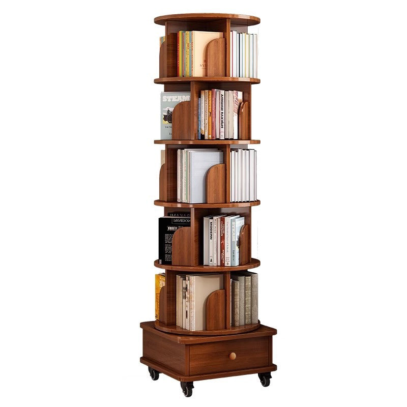 (UPGRADED) Rotating Bookshelf, 360 Display Corner Bookshelf for Small Space, 6 Tier Bookcase Storage Rack with Wheels, Wood Narrow Organizer for Bedroom, Living Room, Study Room, Walnut Brown - Grand Goldman Shop