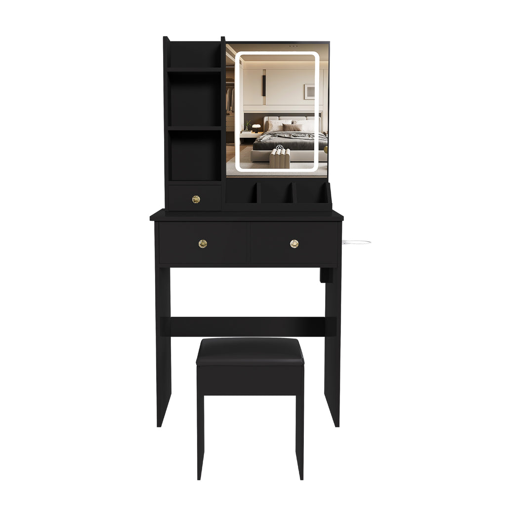 Modern Small Vanity Desk with 3 LED Lighting Modes, 3 Drawers, Open Shelves, Hair Dryer Holder, Power Socket, and Dressing Chair in Black MDF - Grand Goldman Shop