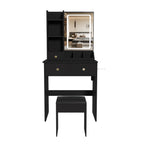 Modern Small Vanity Desk with 3 LED Lighting Modes, 3 Drawers, Open Shelves, Hair Dryer Holder, Power Socket, and Dressing Chair in Black MDF - Grand Goldman Shop