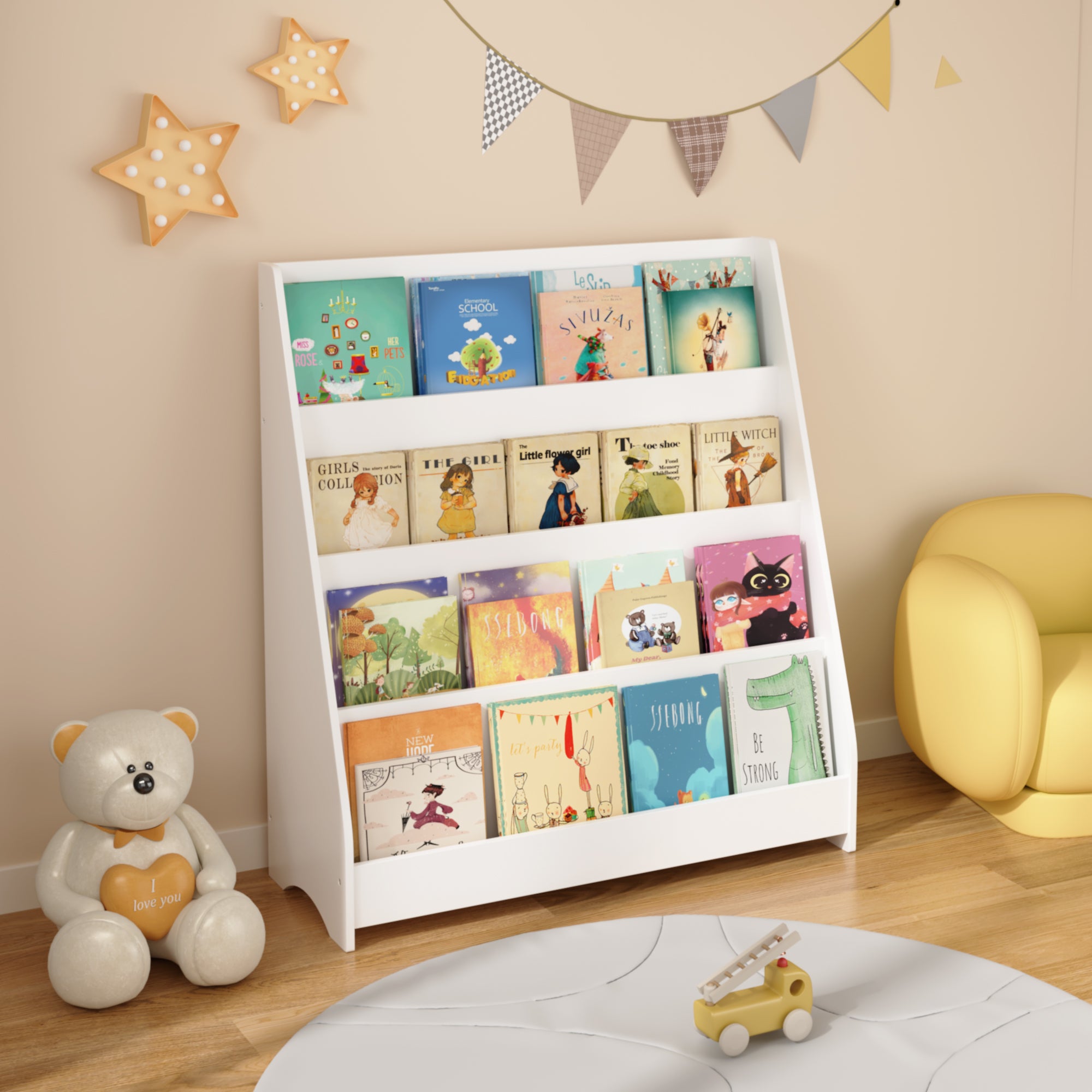 4-Tier Kids Bookshelf, Toddler Book Display Shelves in White, Made of MDF with Rounded Edges, 31.5 x 11.8 x 34.65 inches - Sh