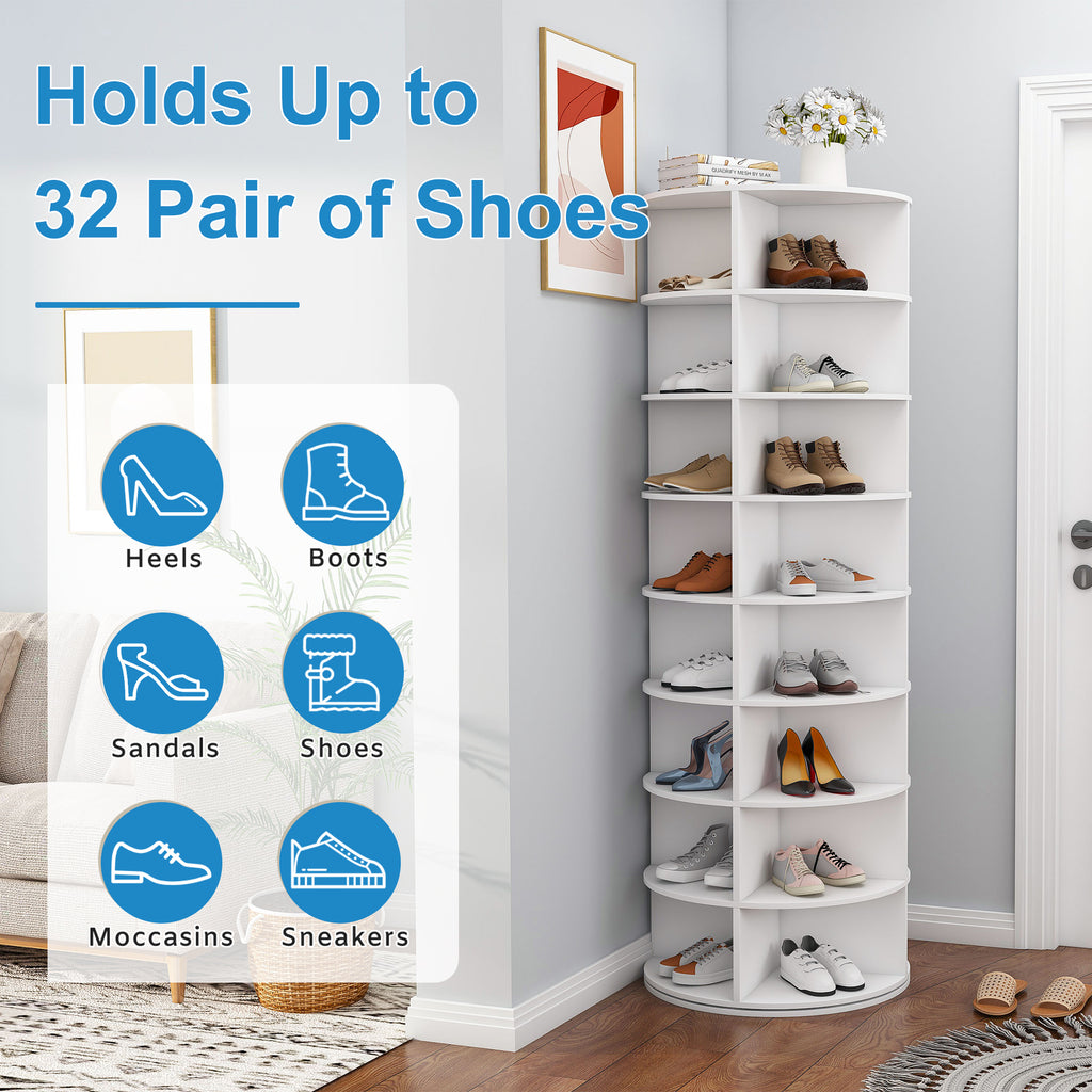 Rotating Shoe Rack Tower, 8-Tier Spinning Storage Rack, Free Standing 360° Revolving Organizer in White with PVC Construction, Holds 32 Pairs of Shoes - Grand Goldman Shop