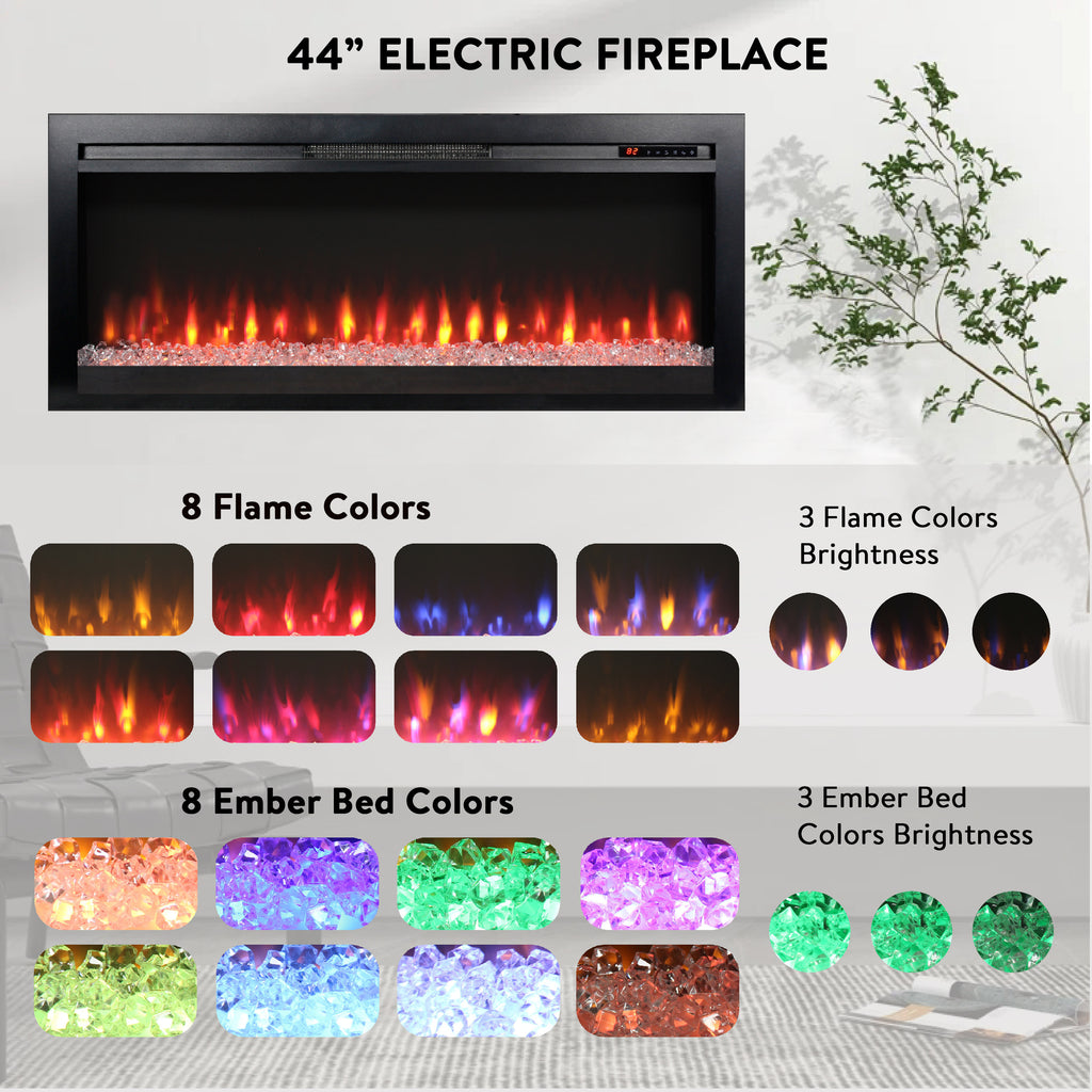 44 inch in wall recessed  electric fireplace with remote and multi color flame & emberbed, LED light heater - Grand Goldman Shop
