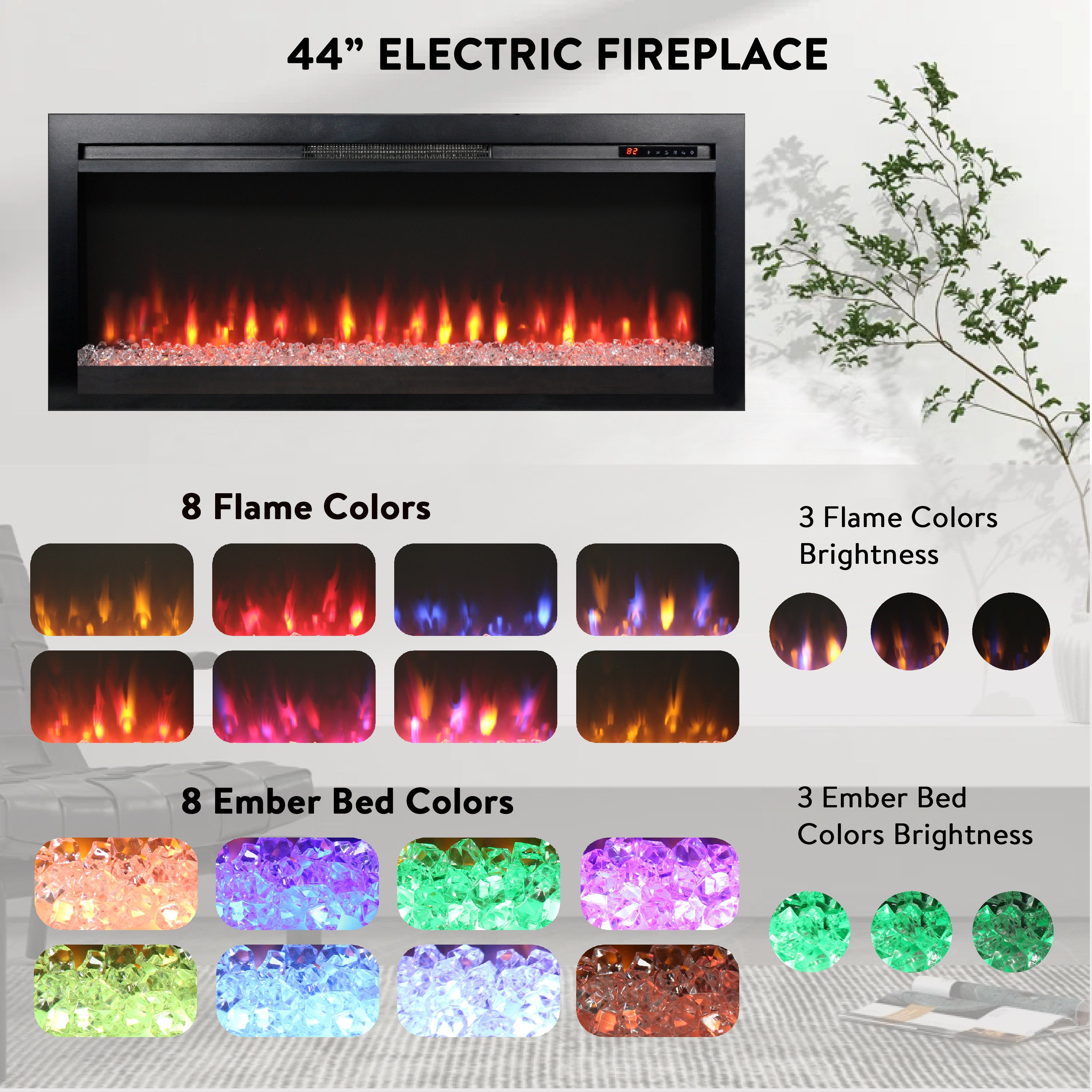 44 inch in wall recessed  electric fireplace with remote and multi color flame & emberbed, LED light heater - Grand Goldman Shop