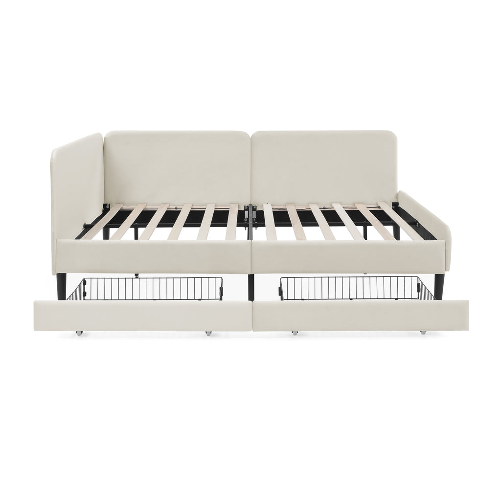 Beige Velvet Upholstered Platform Bed Frame with 2 Storage Drawers and Adjustable Sofa Bed, Full Size - Grand Goldman Shop