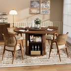 55-inch round dining table for six, featuring a double-tiered storage rack and a rotating tabletop tray. Wooden wavy-striped sliding doors. Ideal for home dining room living room (Walnut). - Grand Goldman Shop