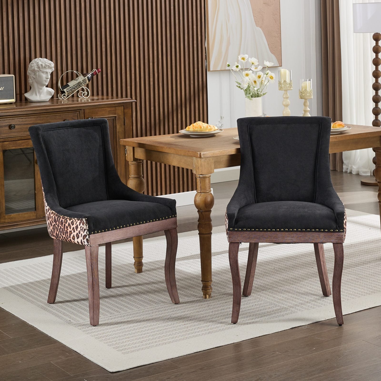 A&A Furniture,Ultra Side Dining Chair, Thickened fabric chairs with neutrally toned solid wood legs, Bronze nail head, Set of 2,Leopard Print - Grand Goldman Shop