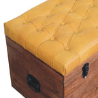 Solid Wood Buffalo Hide Honey Caramel Storage Trunk, Leather Upholstered, Yellow and Brown - Grand Goldman Shop