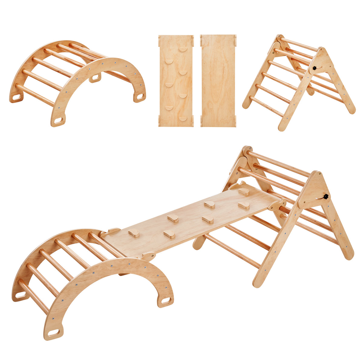 Pikler Triangle Set, 5 in 1 Toddler Climbing Toys Indoor Playground, Ramp, and Arch, Montessori Climbing Set with Triangle, L