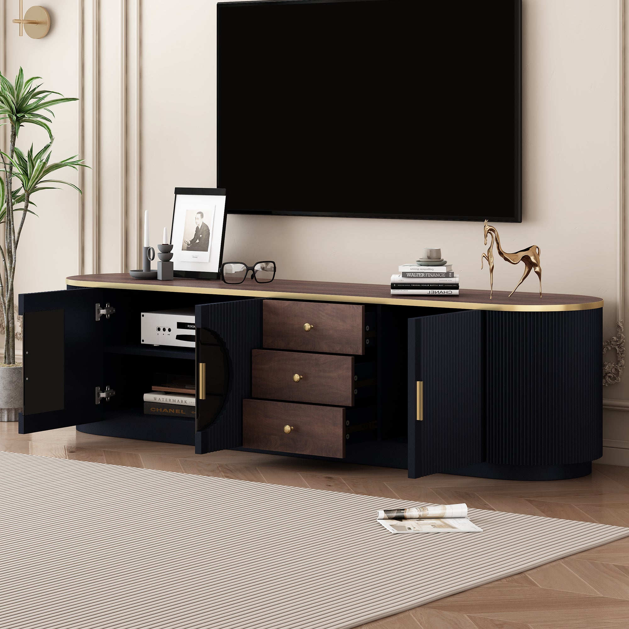 70.8'' Modern Minimalist TV Stand for TVs up to 80 Inches, Entertainment Center with 3 Drawers and 1 Shelf, Metal Handles and 2 Cabinets for Living room - Grand Goldman Shop