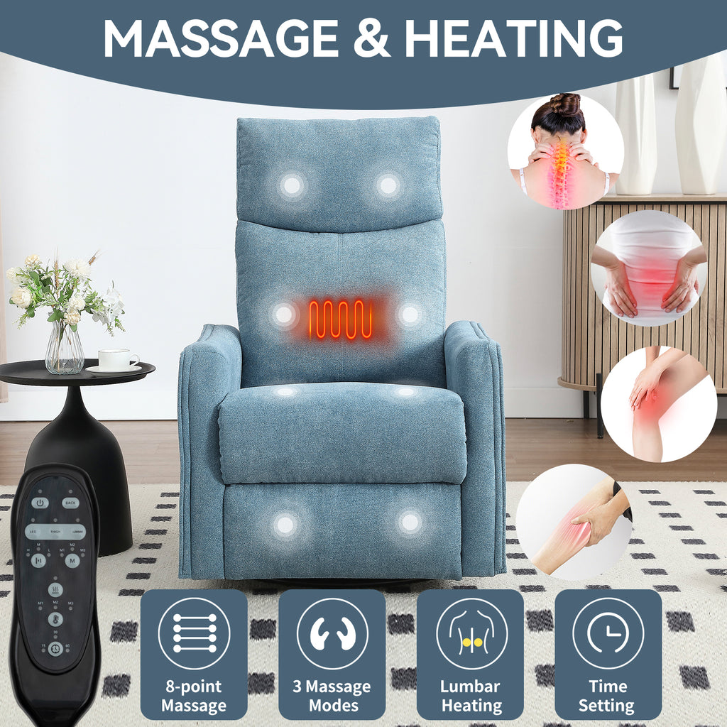Heat Massage Manual Recliner Chair with Rocker and Swivel in Fabric for Living Room, Blue - Grand Goldman Shop