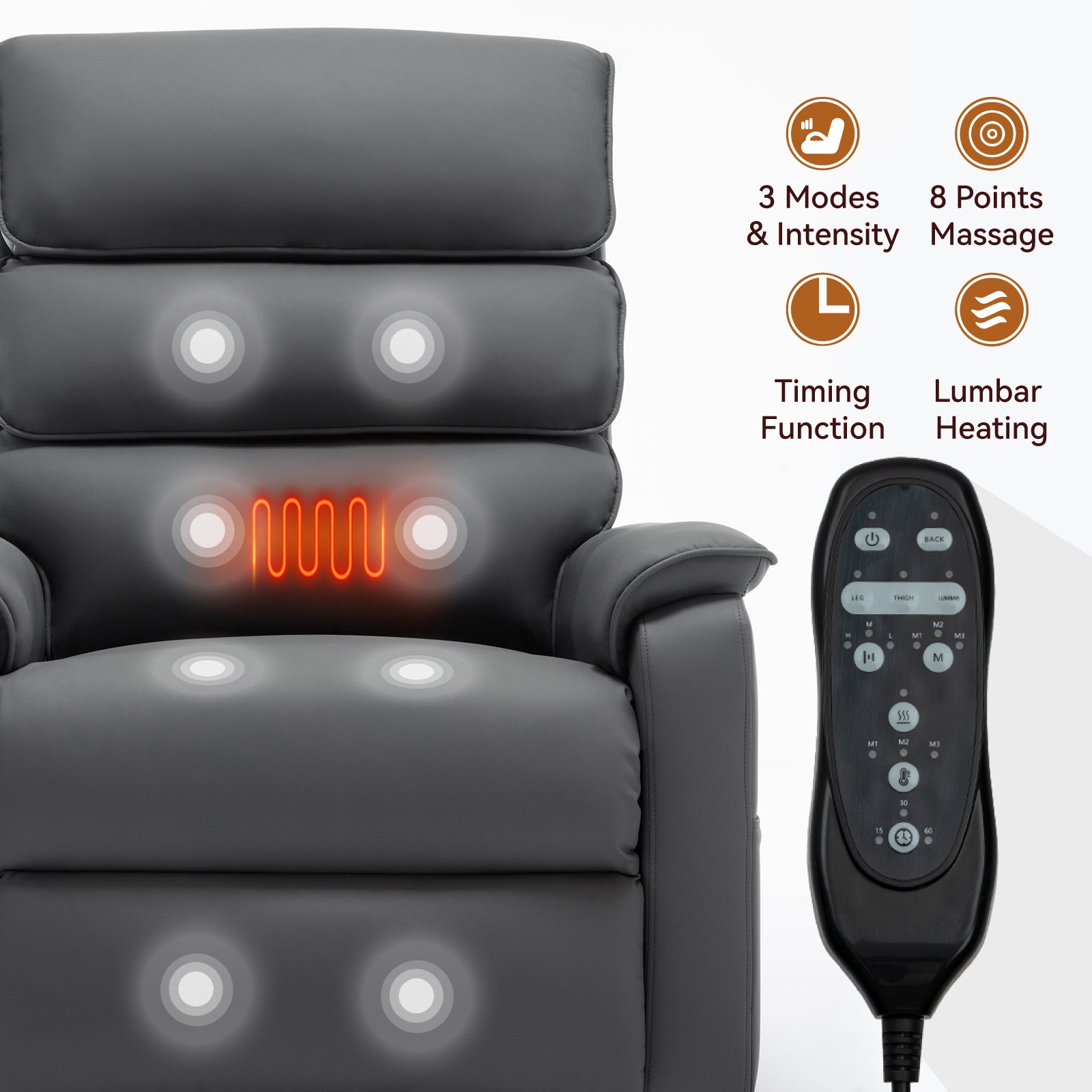 Grey Cat-proof Leather Dual Motor Infinite Position Up to 350 LBS Power Lift Recliner Chair with Power-Remote, Heat Massage and Heavy Duty Motion Mechanism - Grand Goldman Shop