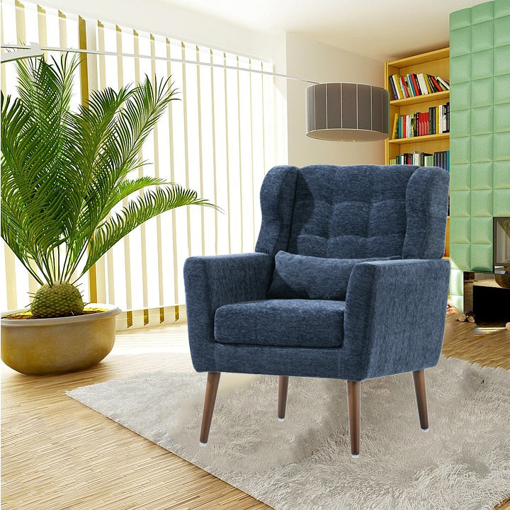 Modern Accent Chair,Chenille Arm Chairs for Living Room,Upholstered Mordern Armchair,Comfy Soft Padded Lounge Chair in Small Space, Bedroom, w/Pillow, Solid Wood Leg (Dark Blue) - Grand Goldman Shop
