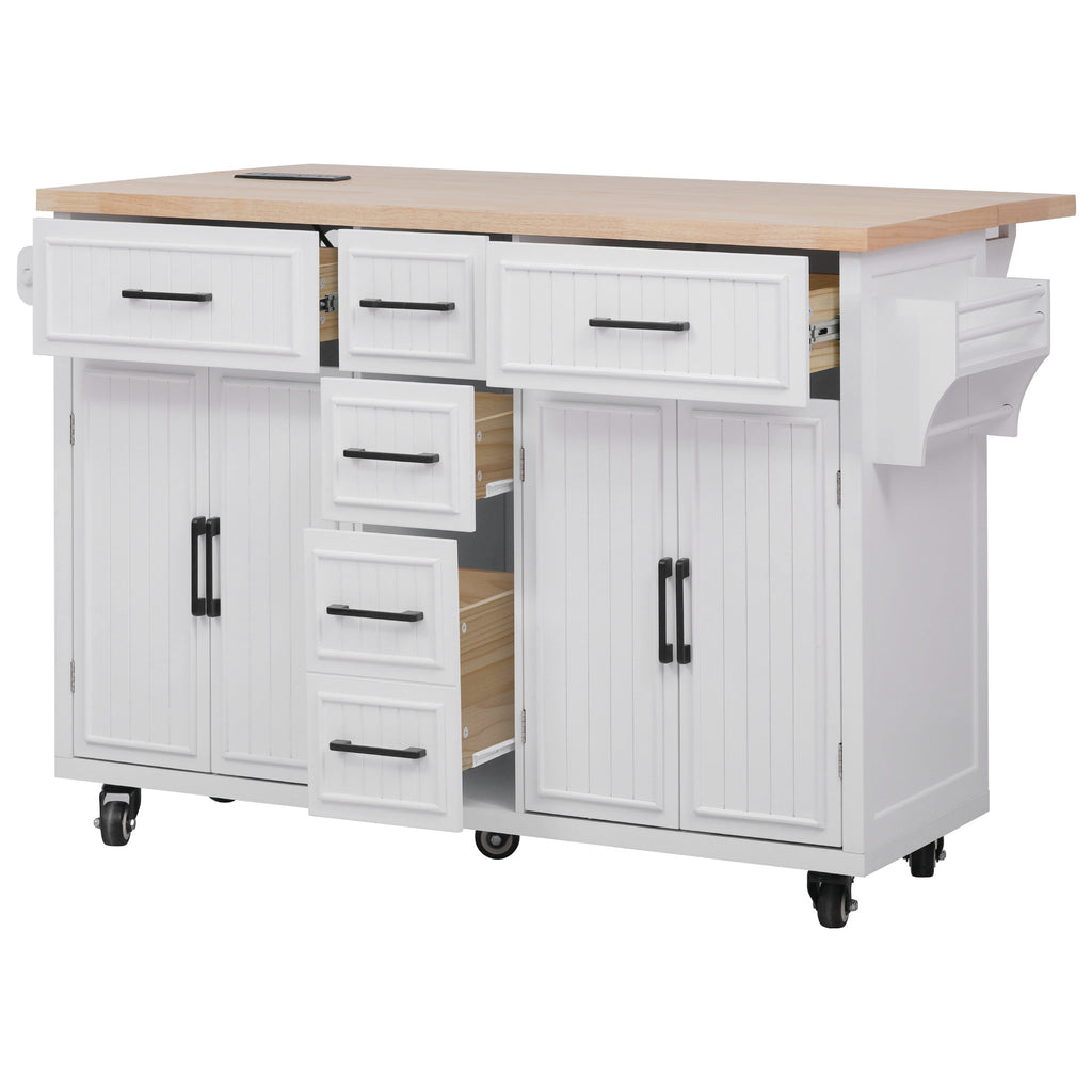 K&K 56.5'' Kitchen Island with Drop Leaf, Power Outlet, Embossed Vertical Stripe Rolling Kitchen Cart on Wheels with 4 Doors , 5 Deep Drawers and Adjustable Shelves, for Kitchen, Dining Room, White - Grand Goldman Shop