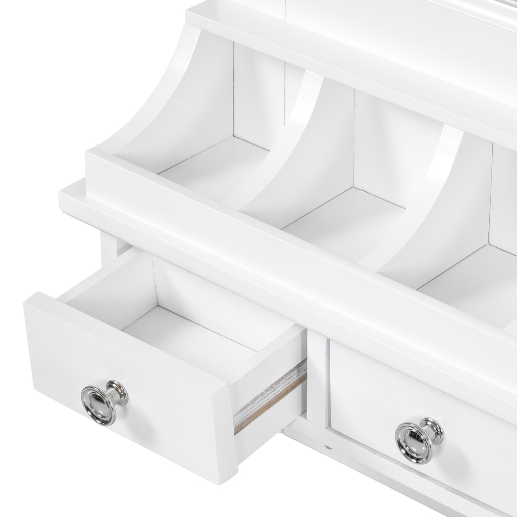 Floating Makeup Vanity with Big Mirror, Wall-Mounted Storage Vanity with Drawers, Pockets & Hooks, Space-Saving Decorative Home Organizer, White, Engineered Wood, 23.8 x 6.1 x 31.8 inches - Grand Goldman Shop