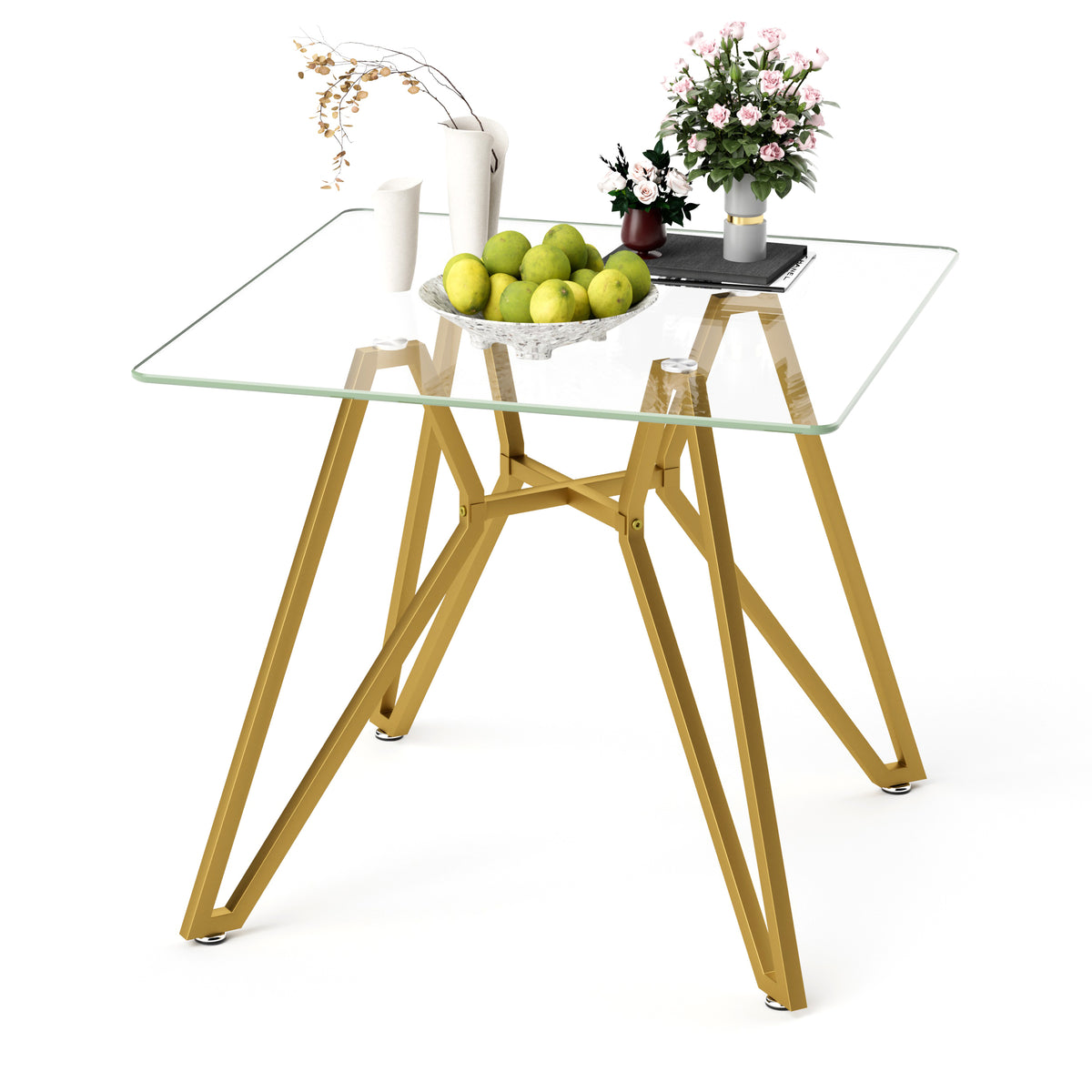 Modern Gold Glass Dining Table with Metal Legs for 2-4 People, 35.4-Inch Square - Grand Goldman Shop