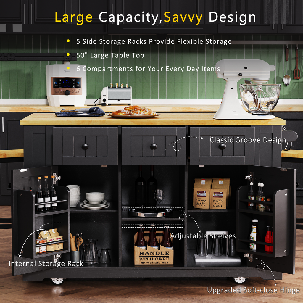 K&K 53inch Large Kitchen Island with Drop Leaf,Power Outlet,Door Internal Storage Rack,Rolling Kitchen Cart on 5 Wheels with 5 Open Side Racks for Kitchen,Black(Two Packages)(Stools not included) - Grand Goldman Shop