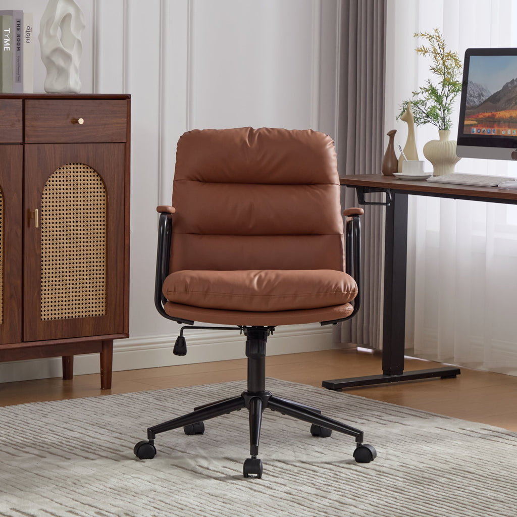 Office Chair,Mid Back Home Office Desk Task Chair with Wheels and Arms Ergonomic PU Leather Computer Rolling Swivel Chair wit