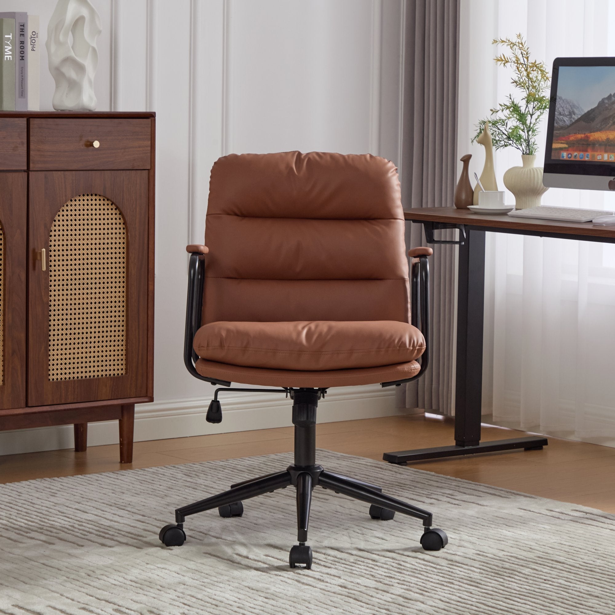 Office Chair,Mid Back Home Office Desk Task Chair with Wheels and Arms Ergonomic PU Leather Computer Rolling Swivel Chair wit