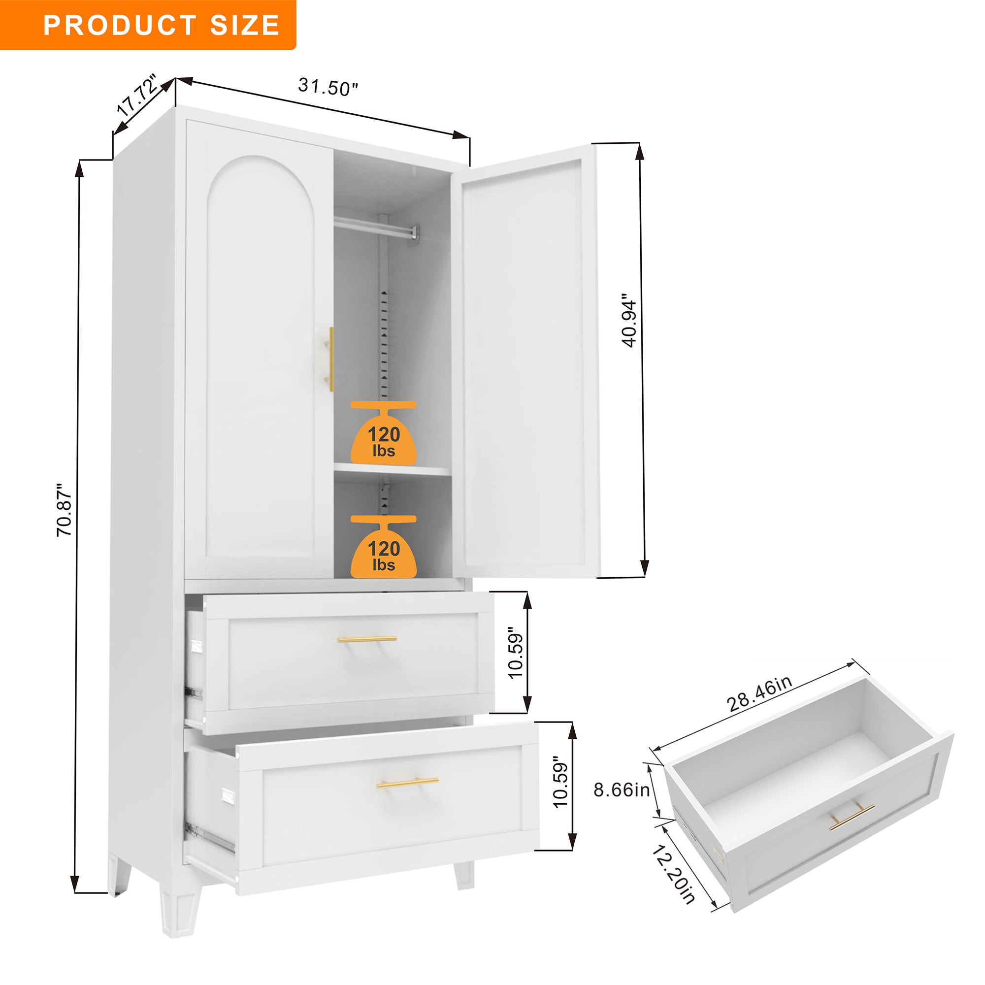 71' Tall Metal Wardrobe Cabinet with 2 Drawers and Hanging Rod, 2 Doors Wardrobe Closet with Shelf for Bedroom, Office, Laundry Room,Entryway ,Foyer,Guesthouse (White) - Grand Goldman Shop