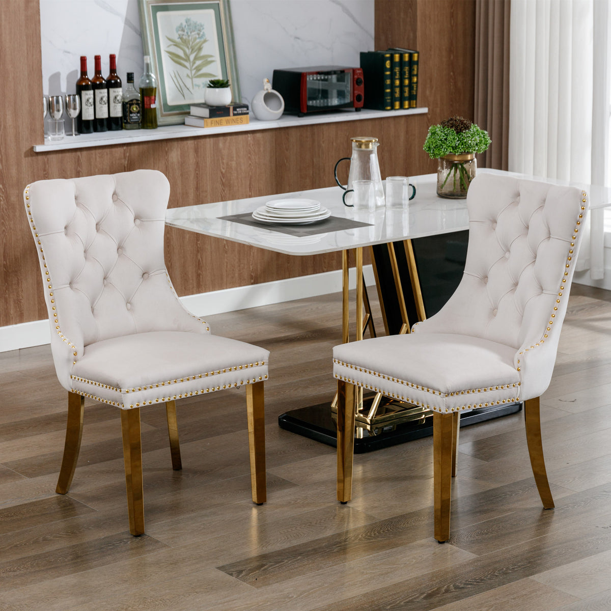 A&A Furniture,Nikki Collection Modern, High-end Tufted Solid Wood Contemporary Velvet Upholstered Dining Chair with Golden Stainless Steel Plating Legs,Nailhead Trim,Set of 2,Beige and Gold, SW1601BG - Grand Goldman Shop