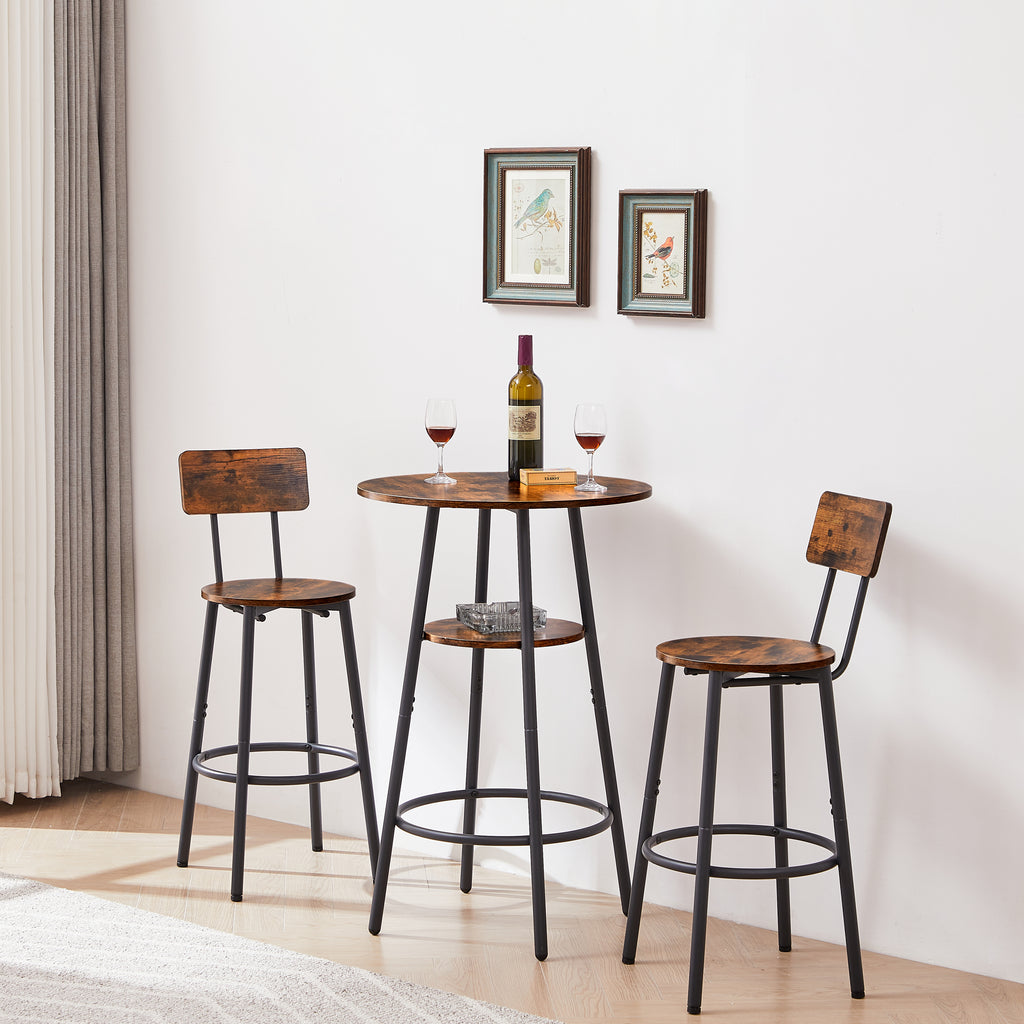 Round bar stool set with shelves, stool with backrest Rustic Brown, 23.6'' Dia x 35.4'' H - Grand Goldman Shop