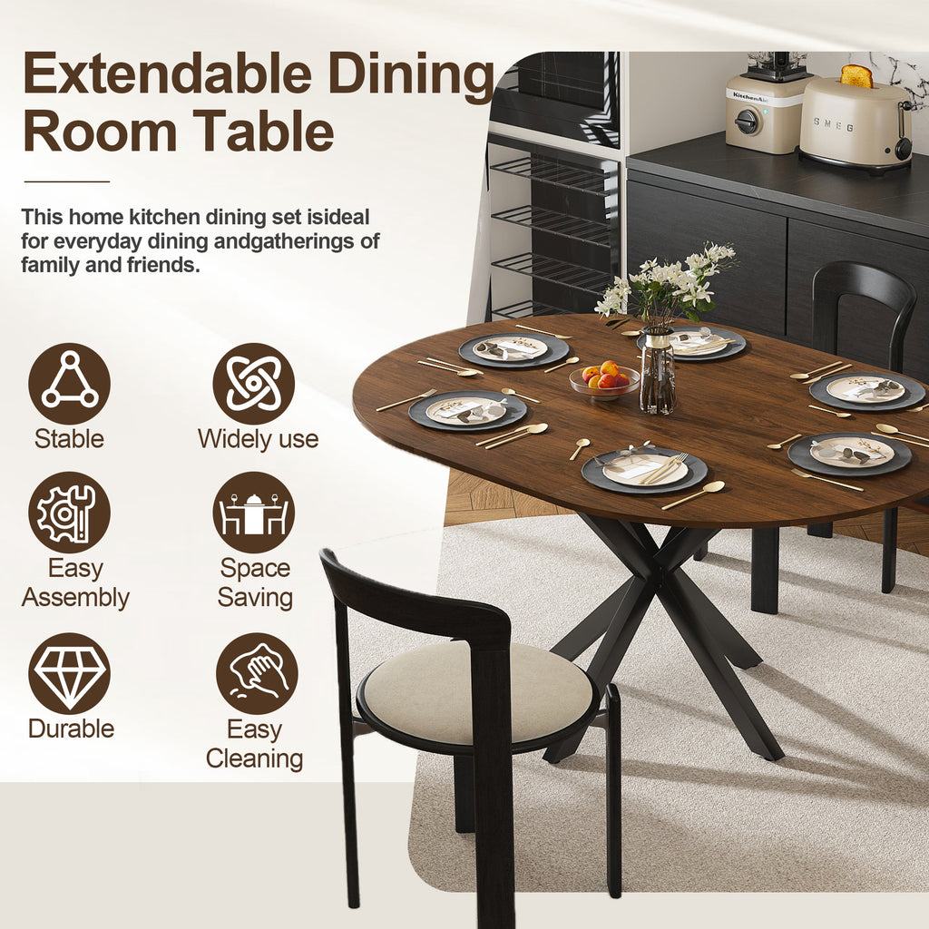 Modern Solid Wood Veneer Retractable Dining Table, Round Extendable 6-Person Table, Walnut MDF with Carbon Steel Base, 42-58 Inches - Grand Goldman Shop