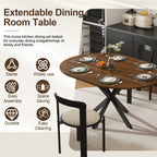 Modern Solid Wood Veneer Retractable Dining Table, Round Extendable 6-Person Table, Walnut MDF with Carbon Steel Base, 42-58 Inches - Grand Goldman Shop