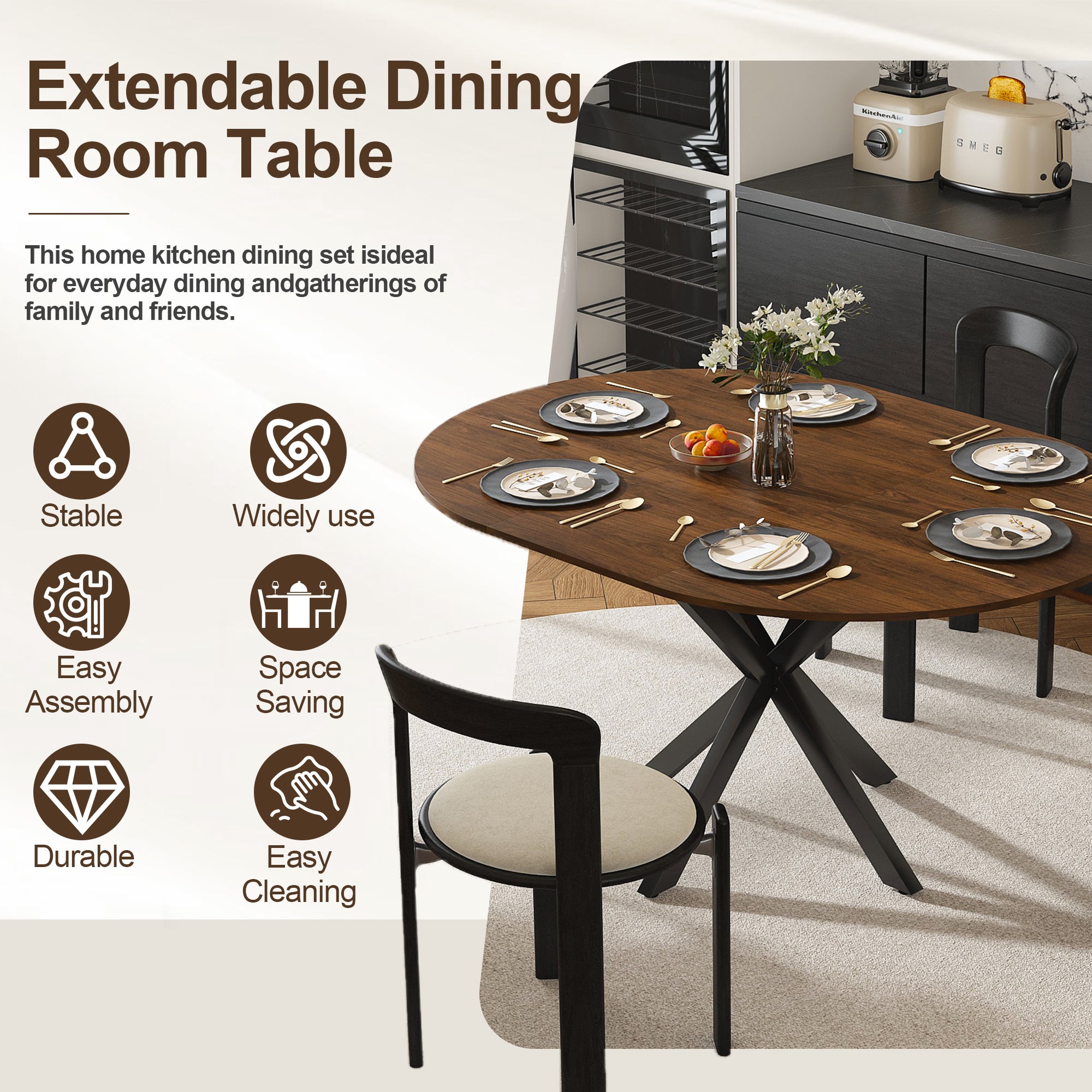 Modern Solid Wood Veneer Retractable Dining Table, Round Extendable 6-Person Table, Walnut MDF with Carbon Steel Base, 42-58 Inches - Grand Goldman Shop