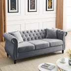 Grey Velvet 3-Seater Chesterfield Sofa with Rolled Arms and Nailhead Trim, Tufted Couch for Living Room, Bedroom, Office, Apartment, Includes Two Pillows - Grand Goldman Shop