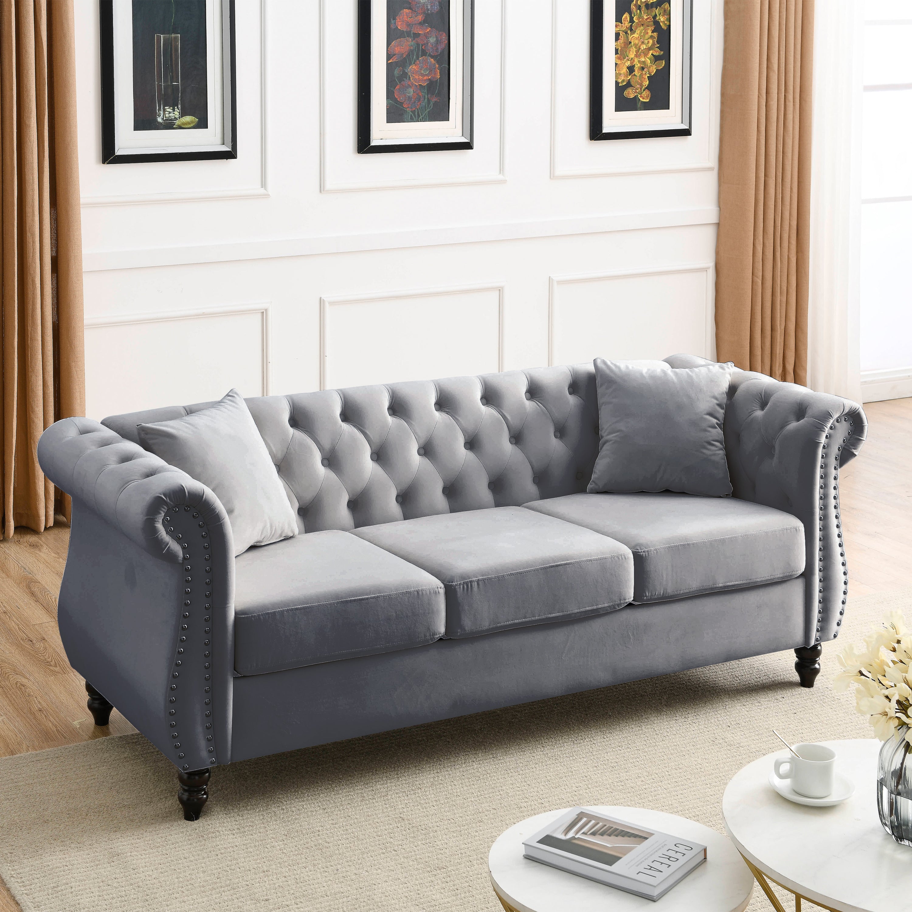 Grey Velvet 3-Seater Chesterfield Sofa with Rolled Arms and Nailhead Trim, Tufted Couch for Living Room, Bedroom, Office, Apartment, Includes Two Pillows - Grand Goldman Shop