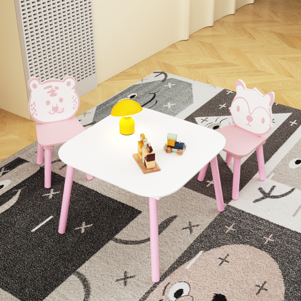 Kids Table and Chair Set, 3-Piece Wooden Toddler Desk with Animal Backrest, Activity Table for Drawing, Learning,Playroom or 