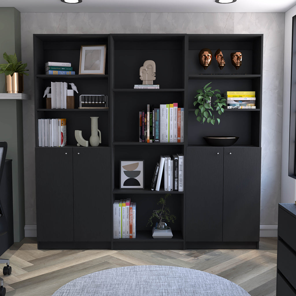 Hialeah 3 Piece Home Bookcase set, 74' Wide with 10 Shelves and Two Double-Door Cabinet ,  Living Room Set Set  Black - Grand