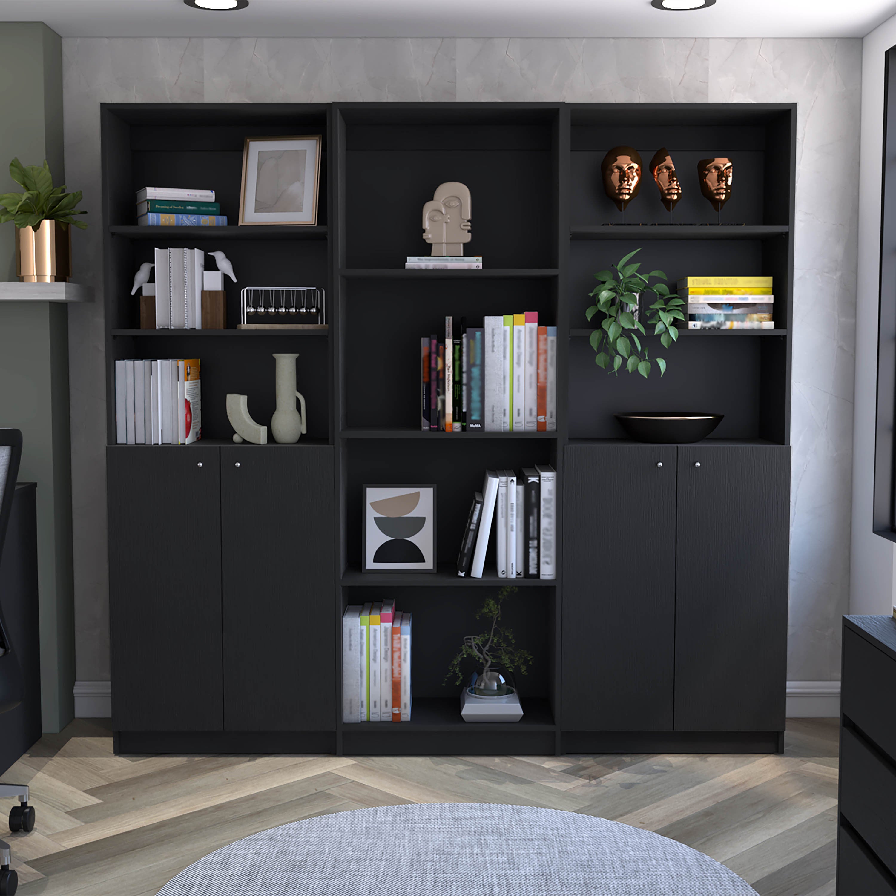 Hialeah 3 Piece Home Bookcase set, 74' Wide with 10 Shelves and Two Double-Door Cabinet ,  Living Room Set Set  Black - Grand