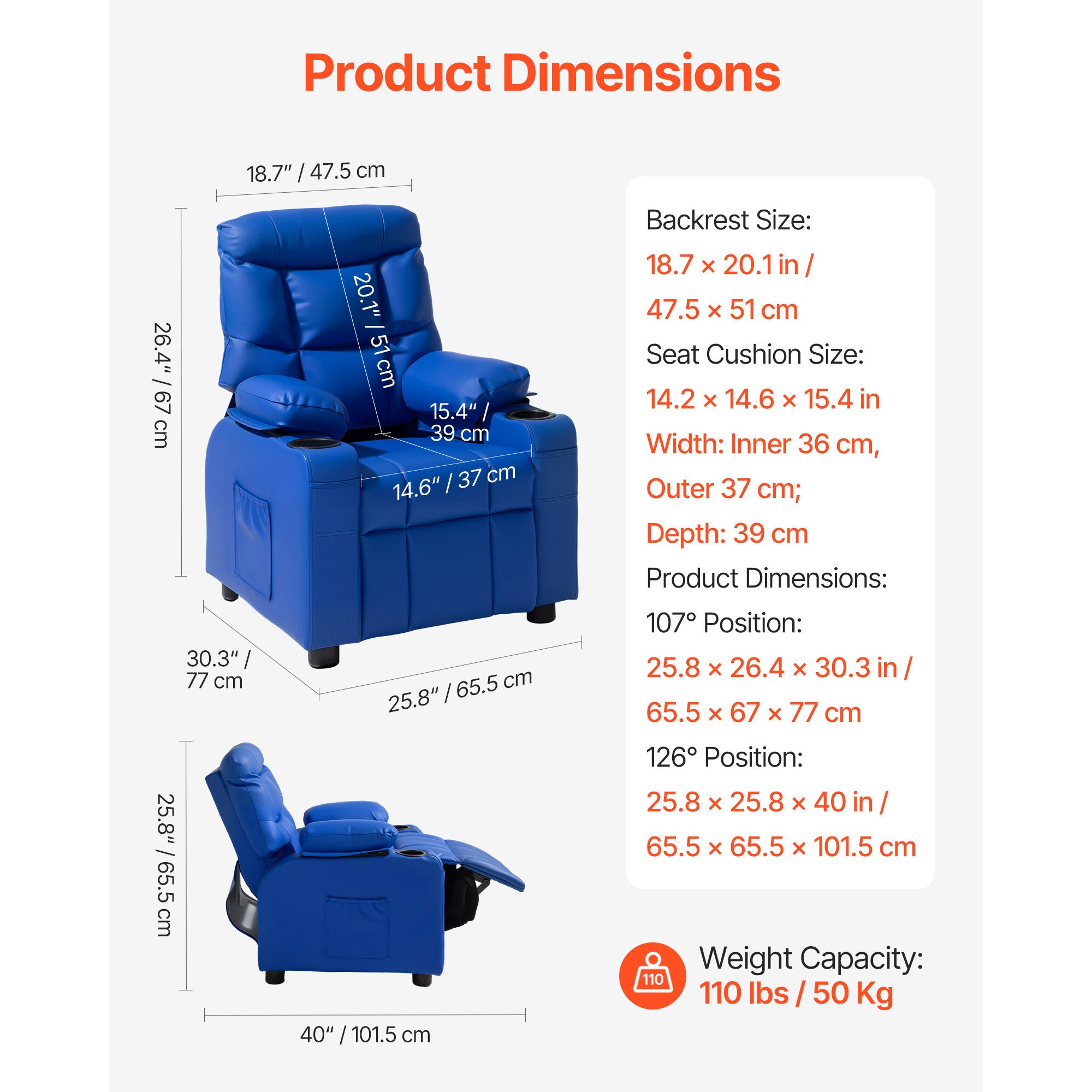 Kids Reclining Chair, Toddler Recliner with 2 Cup Holders and 4 Pockets, 107° to 126° Adjustable Back, Easy-to-Clean PU Leath