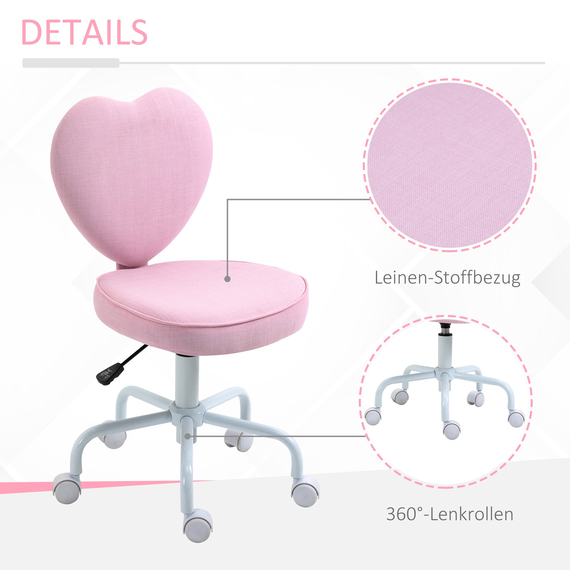 HOMCOM Heart Love Shaped Back Design Office Chair with Adjustable Height and 360 Swivel Castor Wheels, Pink - Grand Goldman
