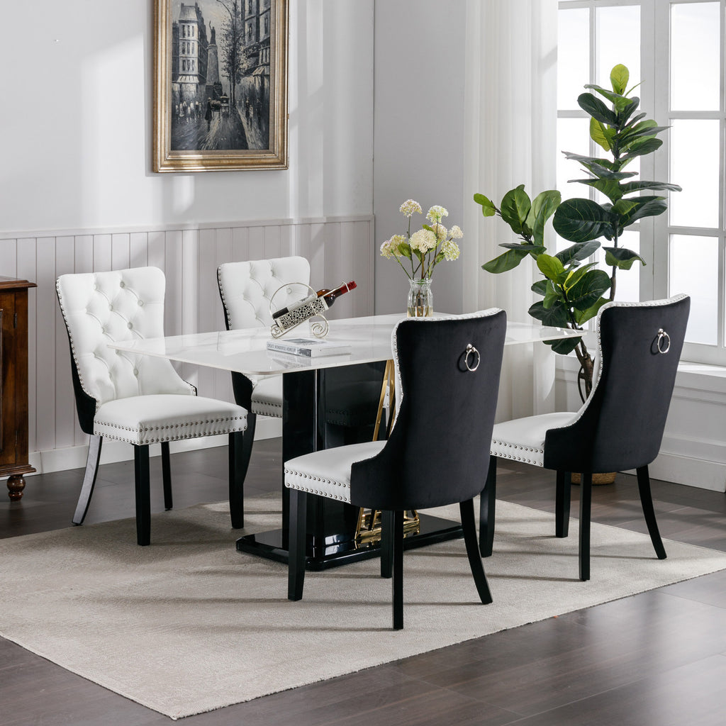 A&A Furniture,Nikki Collection Modern,High-end Tufted Solid Wood Contemporary PU and Velvet Upholstered Dining Chair with Wood Legs Nailhead Trim  2 Pcs Set,White+Black, SW2101WB - Grand Goldman Shop
