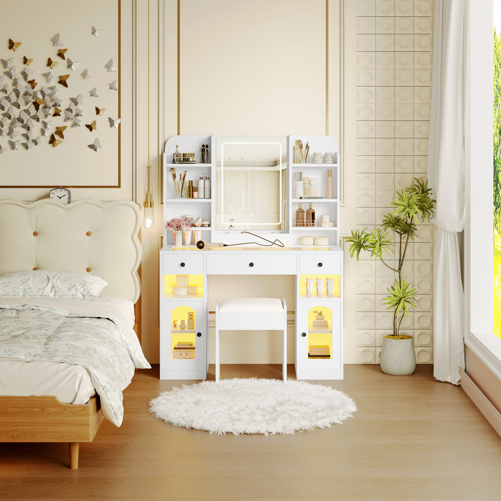 43.2' Vanity Desk with LED Mirror and Lights, Glass Top Vanity with RGB Glass Light Cabinets, Dressing Table with 3 Drawers ,Storage Shelves and Stool for Bedroom, White - Grand Goldman Shop