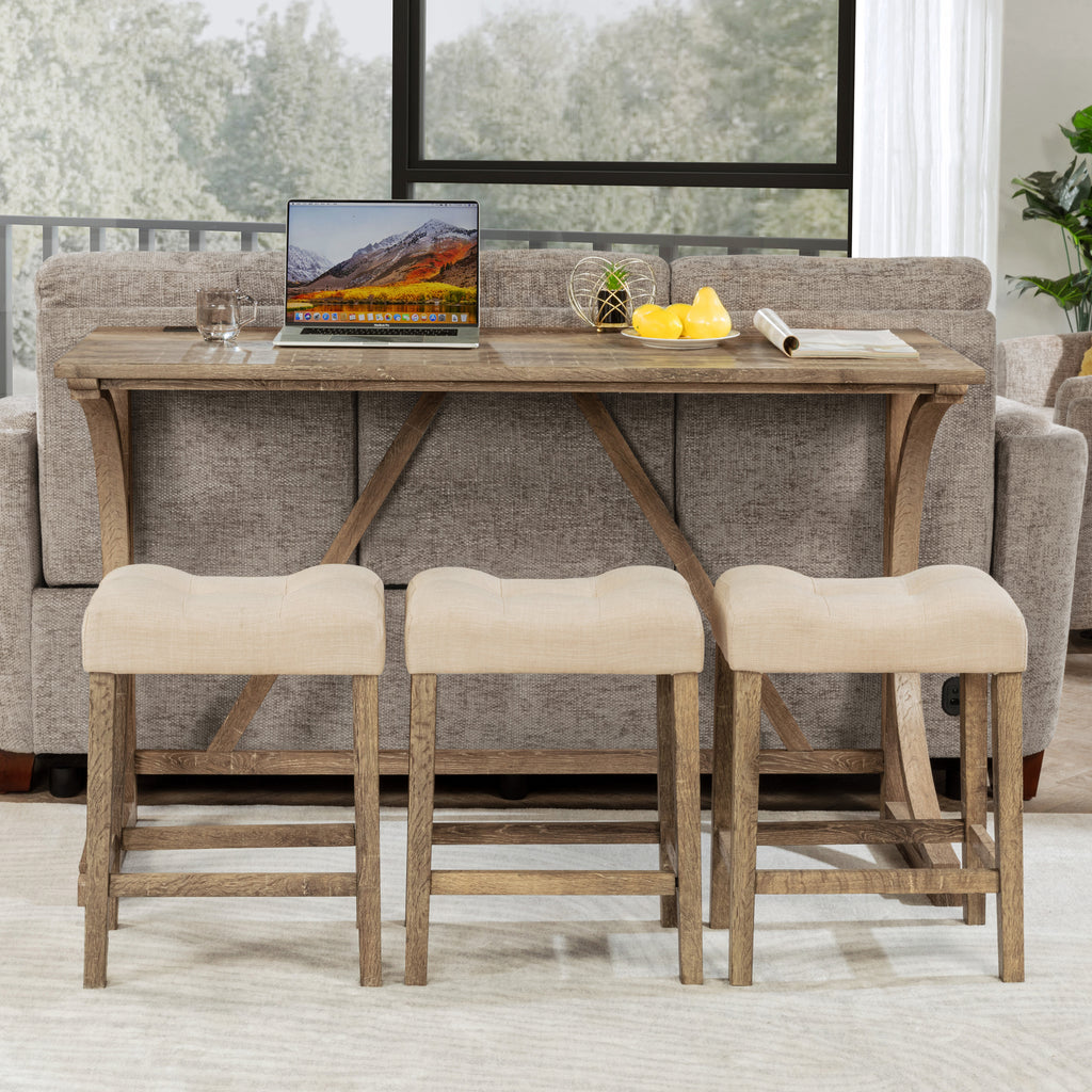 4-Piece Bar Table Set with Power Outlet, Dining Bar Table and Chairs Set, Bar Table Set with 3 Padded Stools for Living Room, Dining Room, Game Room, Brown - Grand Goldman Shop